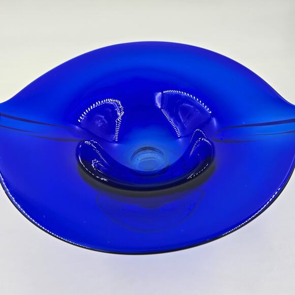 Hand Blown Cobalt Blue Glass Pedestal Bowl Footed Twist Handles Centerpiece 14” - Picture 2 of 6